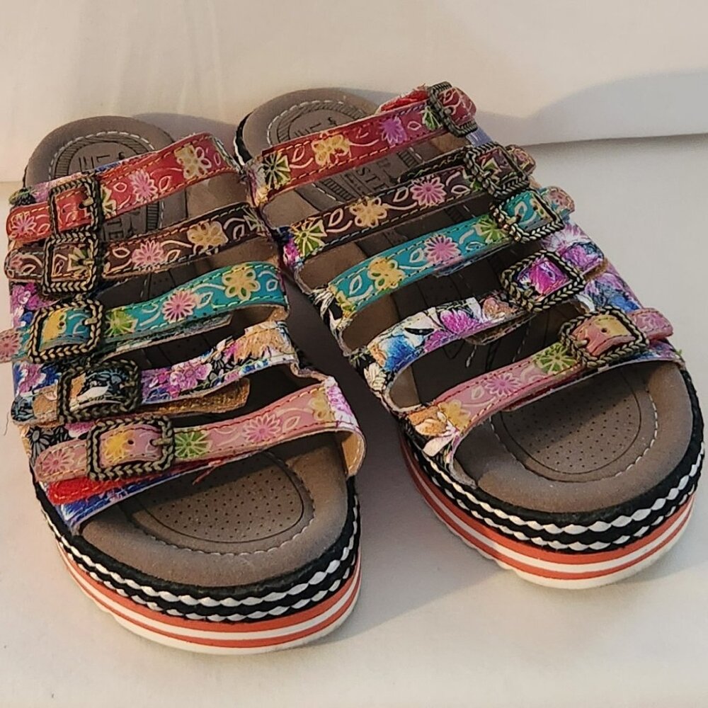 L'Artiste by Spring Step mules sz 36 sz 5.5 6 floral open toe leather GUC